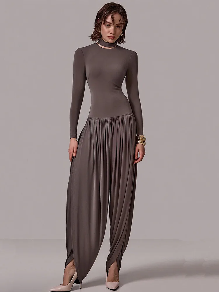 Absobe-monos fruncidos con abertura lateral para mujer, monos sexys de manga larga ajustados de cintura alta, pelele, pantalones de una pieza, ropa de calle, novedad de otoño