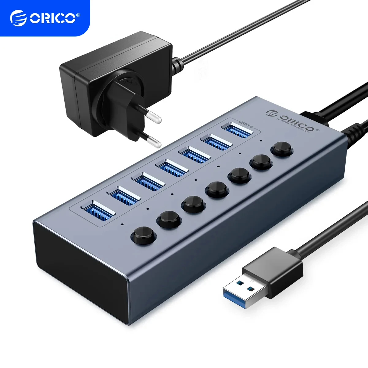 ORICO USB 3.0 HUB 7/10 -Port Aluminum USB Splitter On/Off Switch 12V Power Adapter Support Charging for Computer USB Docking