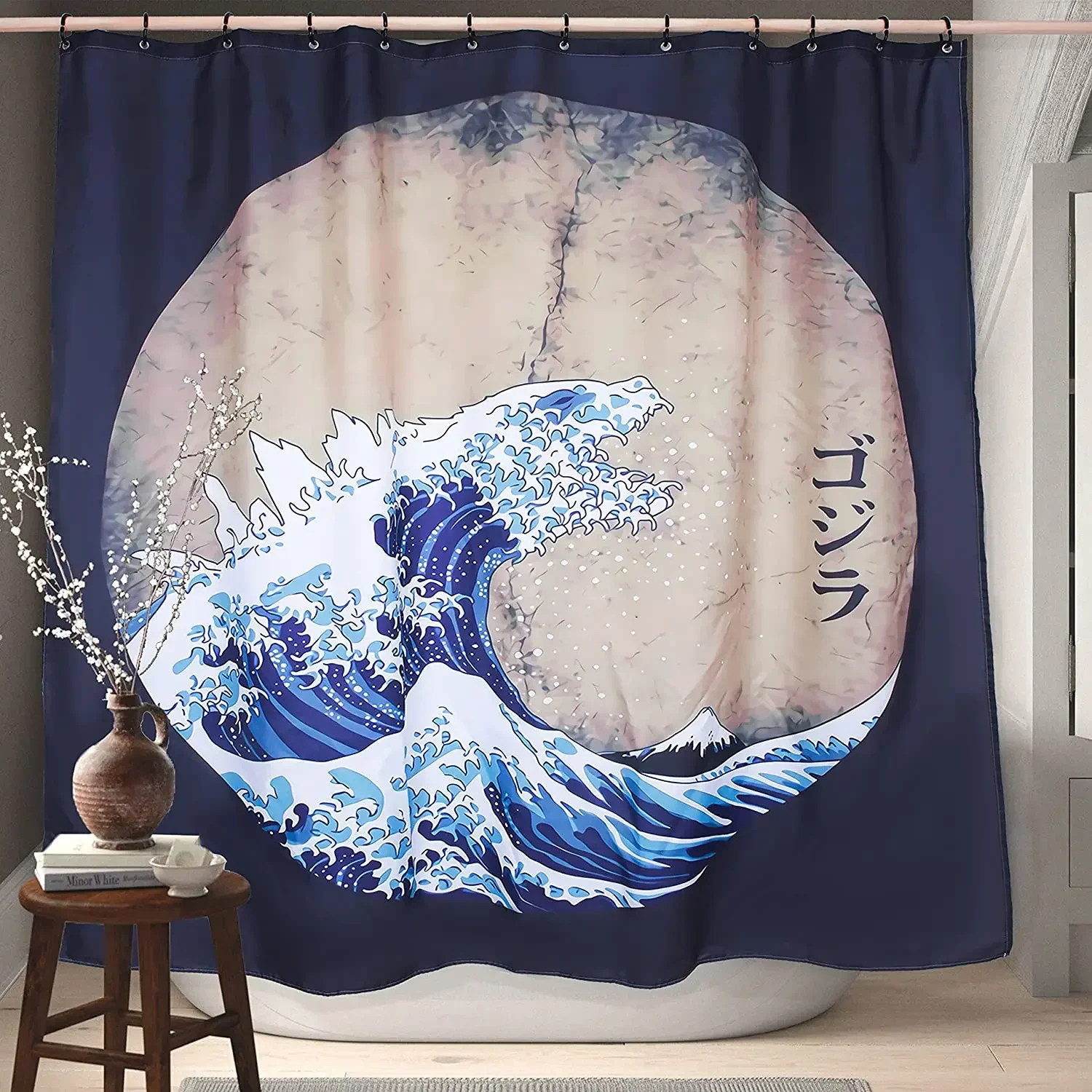 Space Ukiyoe Navy Blue Japanese Monster Hokusai By Ho Me Lili Shower Curtain Waterproof With Hooks For Bathroom Accessories