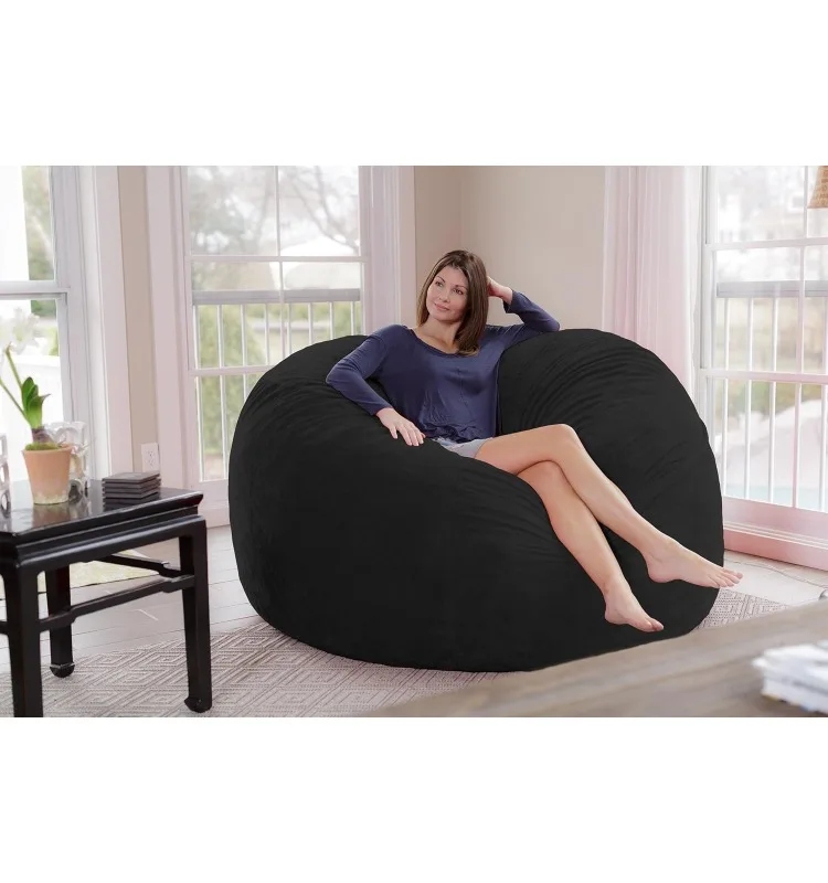 Giant 6' Memory Foam Furniture Bean Bag - Big Sofa with Soft Micro Fiber Cover, Black Furry