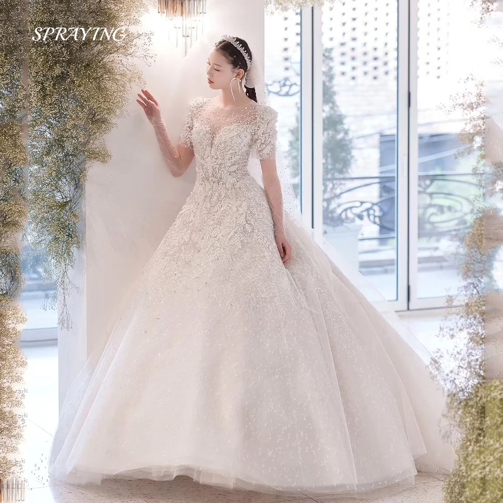 SPRAYING Elegant Lace Wedding Dress Korea Photo Shoot O Line Short Sleeve Bridal Gown 웨딩드레스 With Veil Custom Made