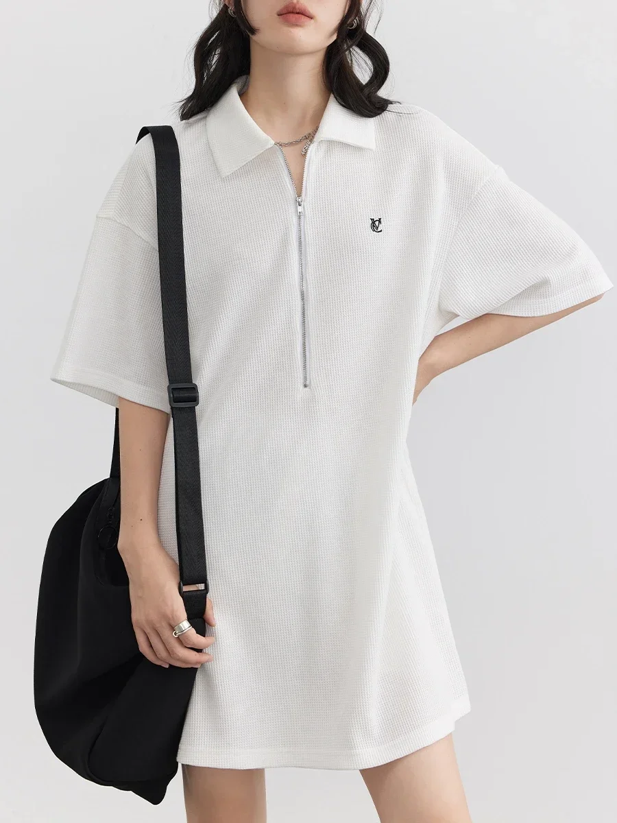 CHIC VEN Frauen Koreanische Kleider Polo Kragen Lose Kurzarm Kleid für Frau T-shirt Rock Sommer 2023, Neue Damen Mode Tuch