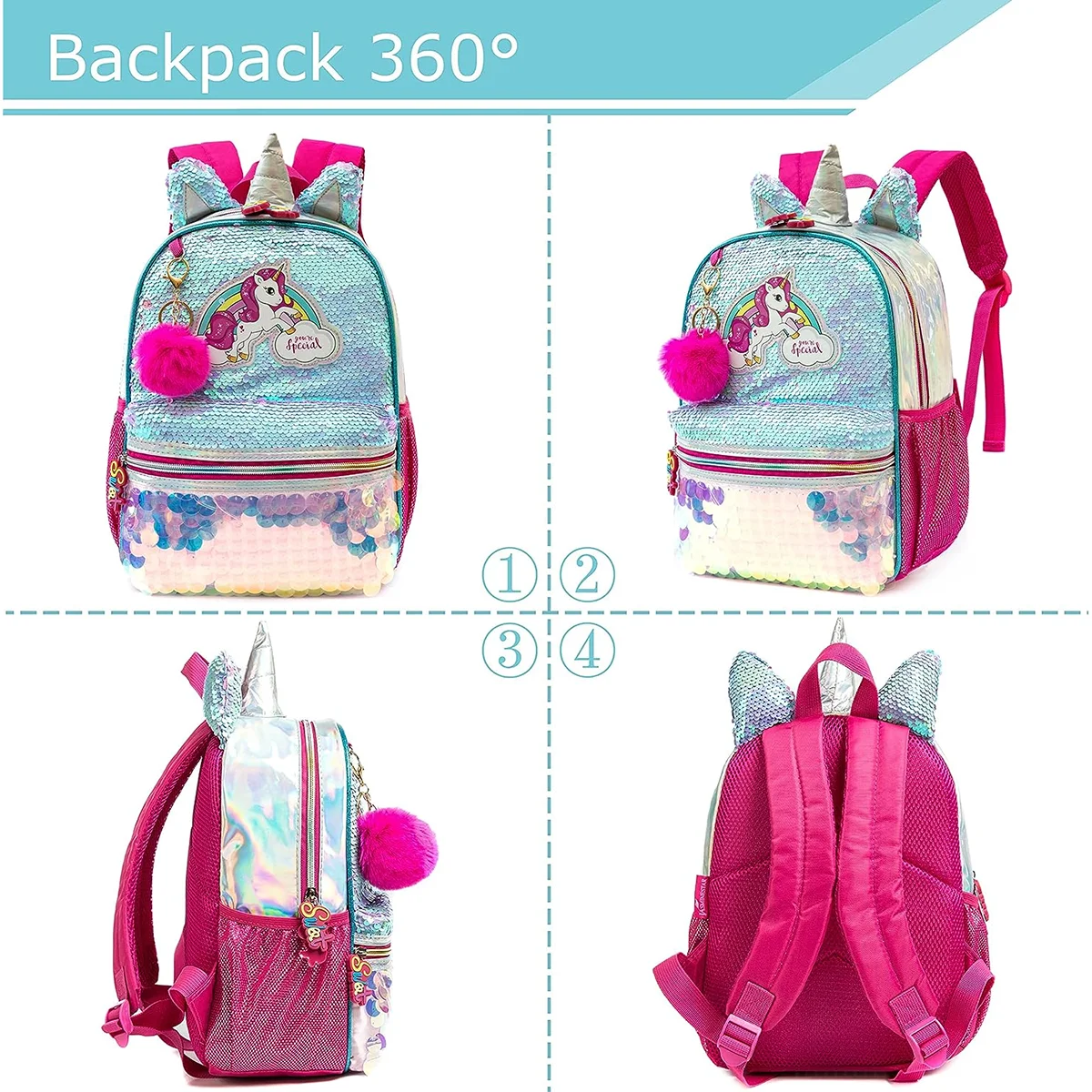 13‘’ Backpack for Girls Kindergarten Bag Sequins Kindergarten Primary School Backpack Girl School Bag