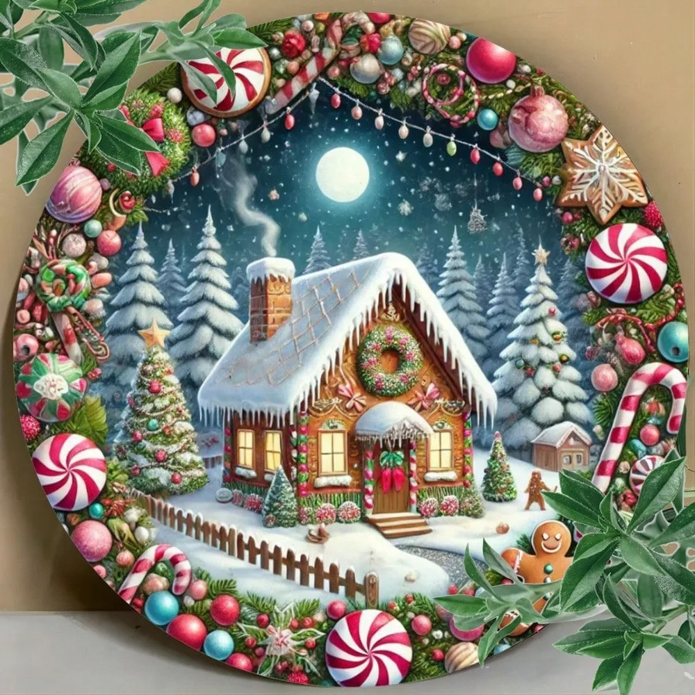 Festliches Lebkuchenhaus-Wandschild aus Metall, 7,8 Zoll – runde Weihnachtsdekoration aus Eisen für Tür, Veranda, Wohnzimmer, ideales Weihnachtsgeschenk