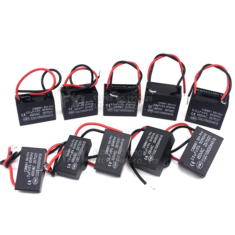 Condensador de arranque de ventilador de CA CBB61, 20 piezas, 450V, Motor CBB, hjxrhgal, 1UF, 1,2 UF, 1,5 UF, 2UF, 2,5 UF, 3UF, 3,5 UF, 4UF