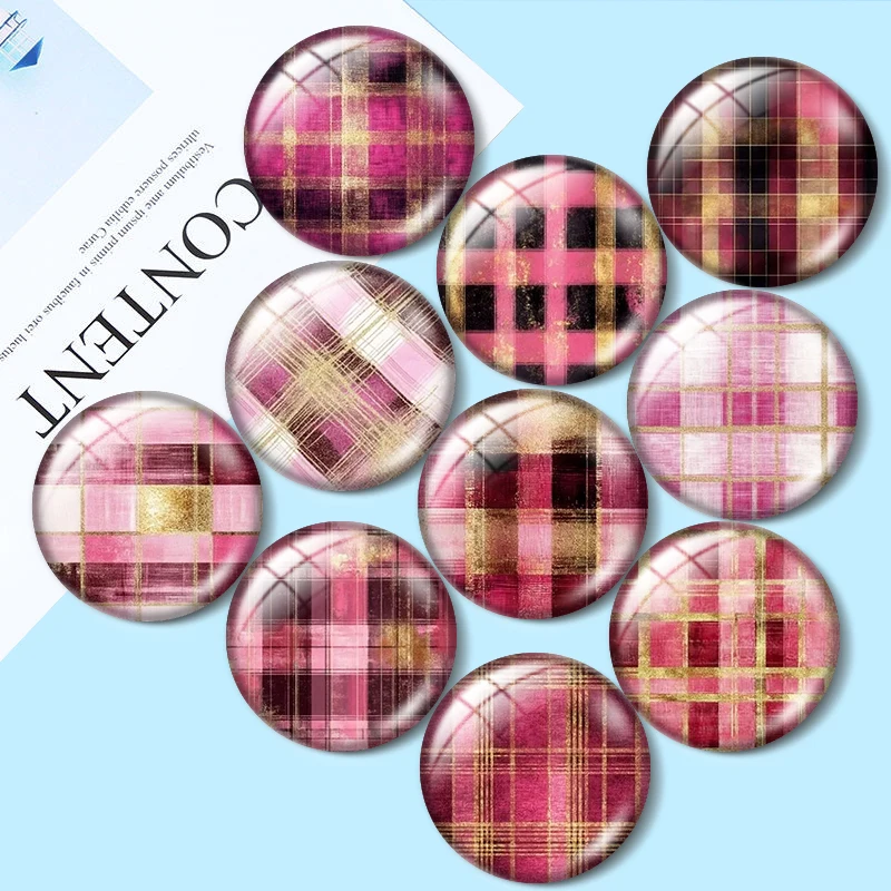 

Pink and Gold Plaid 10pcs 12mm/18mm/20mm/25mm Round photo glass cabochon demo flat back Making findings