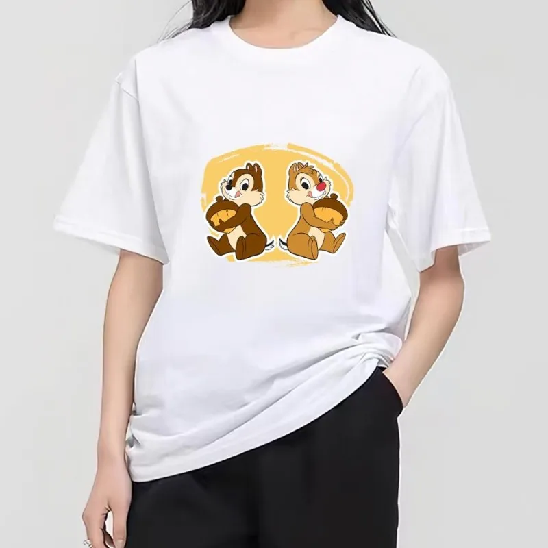 MINISO Disney Chip 'n' Dale T Shirt wanita pasangan kombinasi pakaian lengan pendek kerah Fashion pria katun