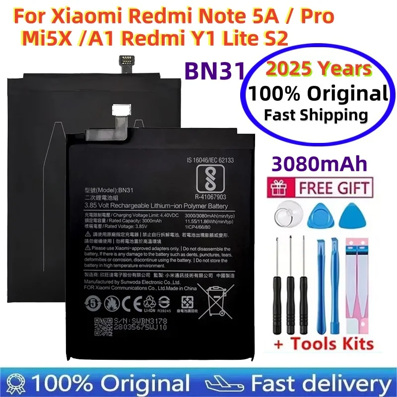 100% Original Phone Battery BN31 For Xiaomi Mi 5X Redmi Note 5A / Pro Mi A1 Redmi Y1 Lite S2 3080mAh Batteries + Tools