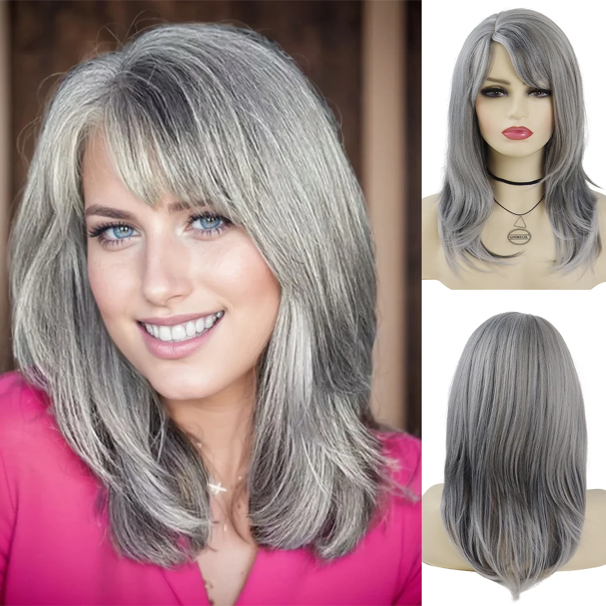 Synthetic Long Wave Wigs Natural Soft Mommy Wig with Bangs Silver Grey Wig for Women Old Lady Fake Hair Cosplay Halloween Party