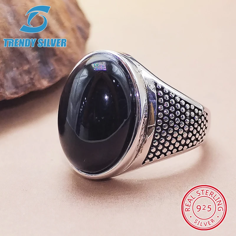 luxury Mens Man rings real 925 sterling silver certified original jewelry for men natural gemstone black onyx stone ring male