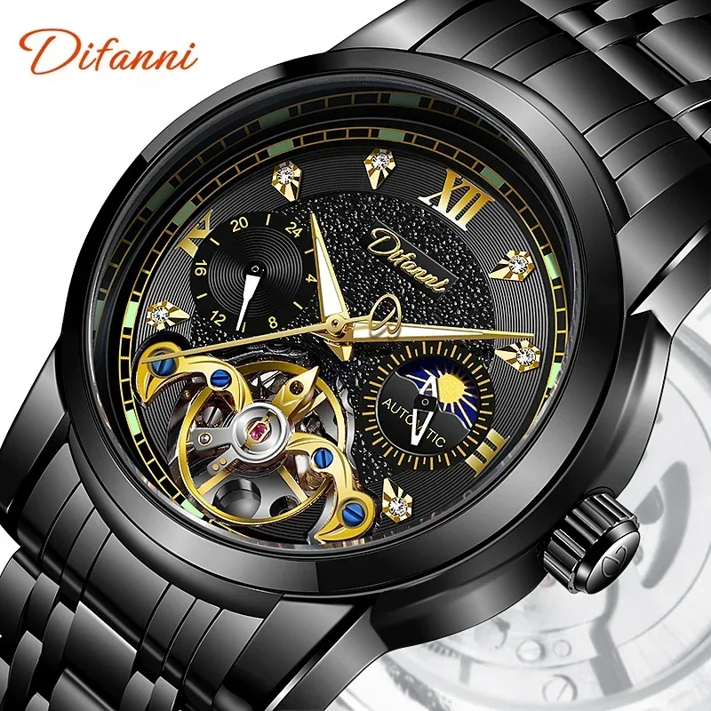 Round Tourbillon Automatic Watch Mechanical Watch Men Waterproof Luminous Sun Moon and Stars Function Sports Man Watch