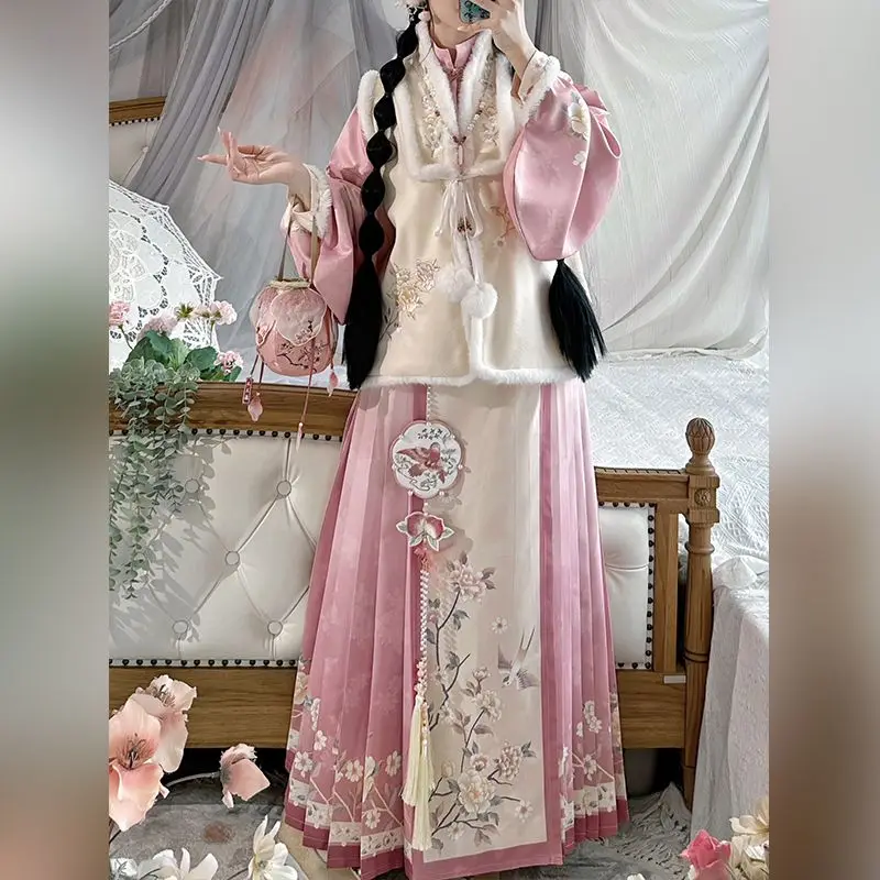 Розовое женское платье Hanfu Mingxian с вышивкой, теплый, чем воротник для ногтей, рукав Пипа, зимнее платье с изображением лошади, новогоднее платье