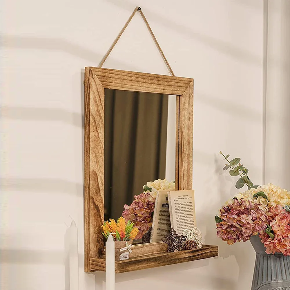 Rectangle Mirror Hanging Rope Wood Border Wall Mirror Bath Mirrors Adjustable Bathroom Vanity Entryway Living Room Home Decor