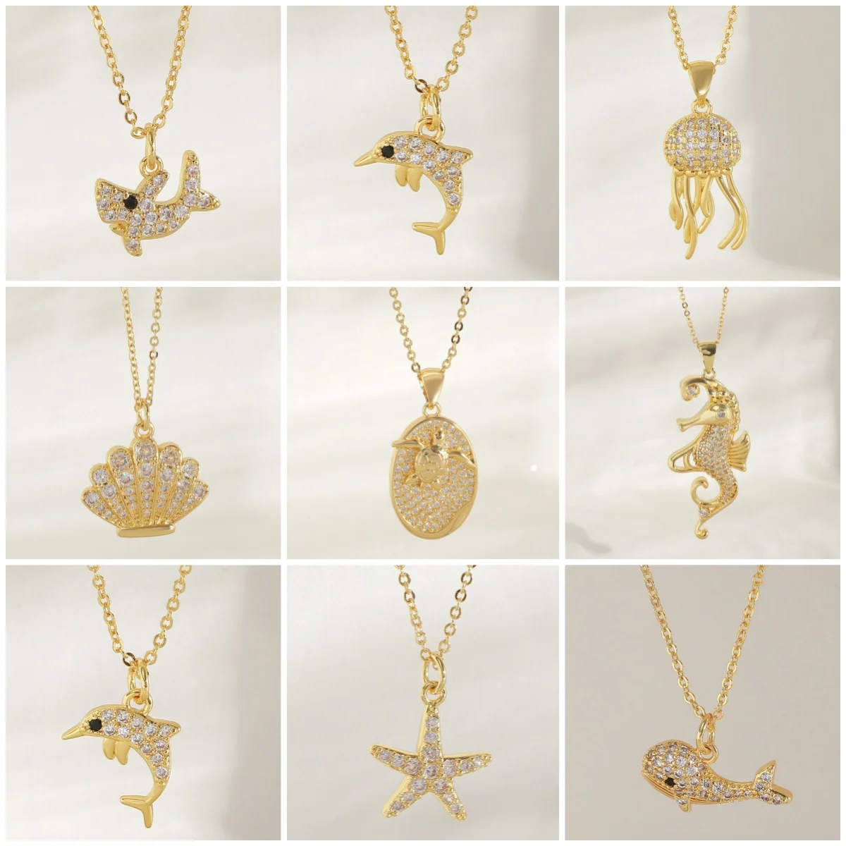 

MHS.SUN Summer Marine Series Pendant Necklace for Women Men 22K Gold Plated Zircon Shark Whale Dolphin Starfish Seashell Jewelry