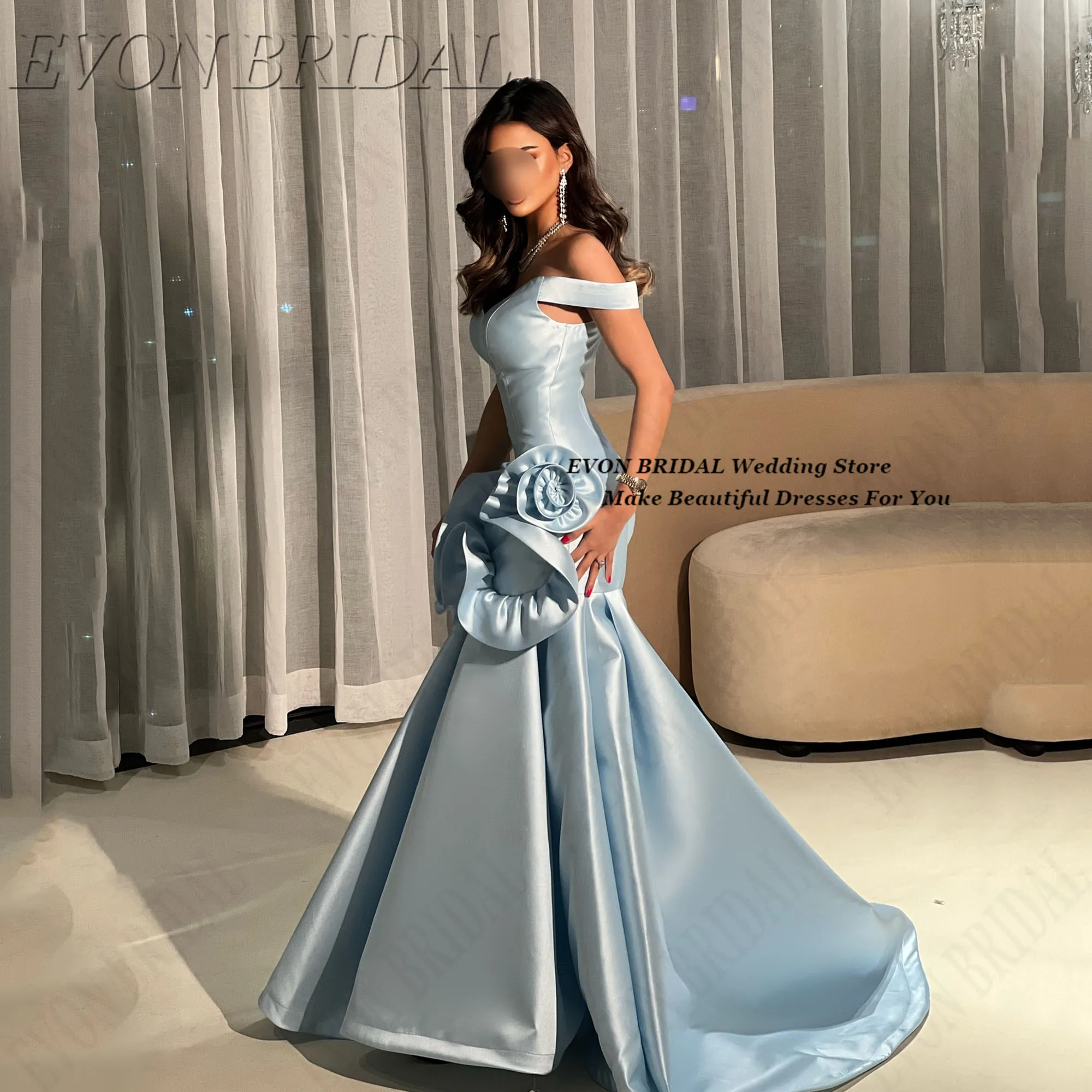 

Flowers Pleat Evening Dresses Spaghetti Straps Formal Party Prom Gowns Customized فستان سهرة نسائي EVON BRIDAL