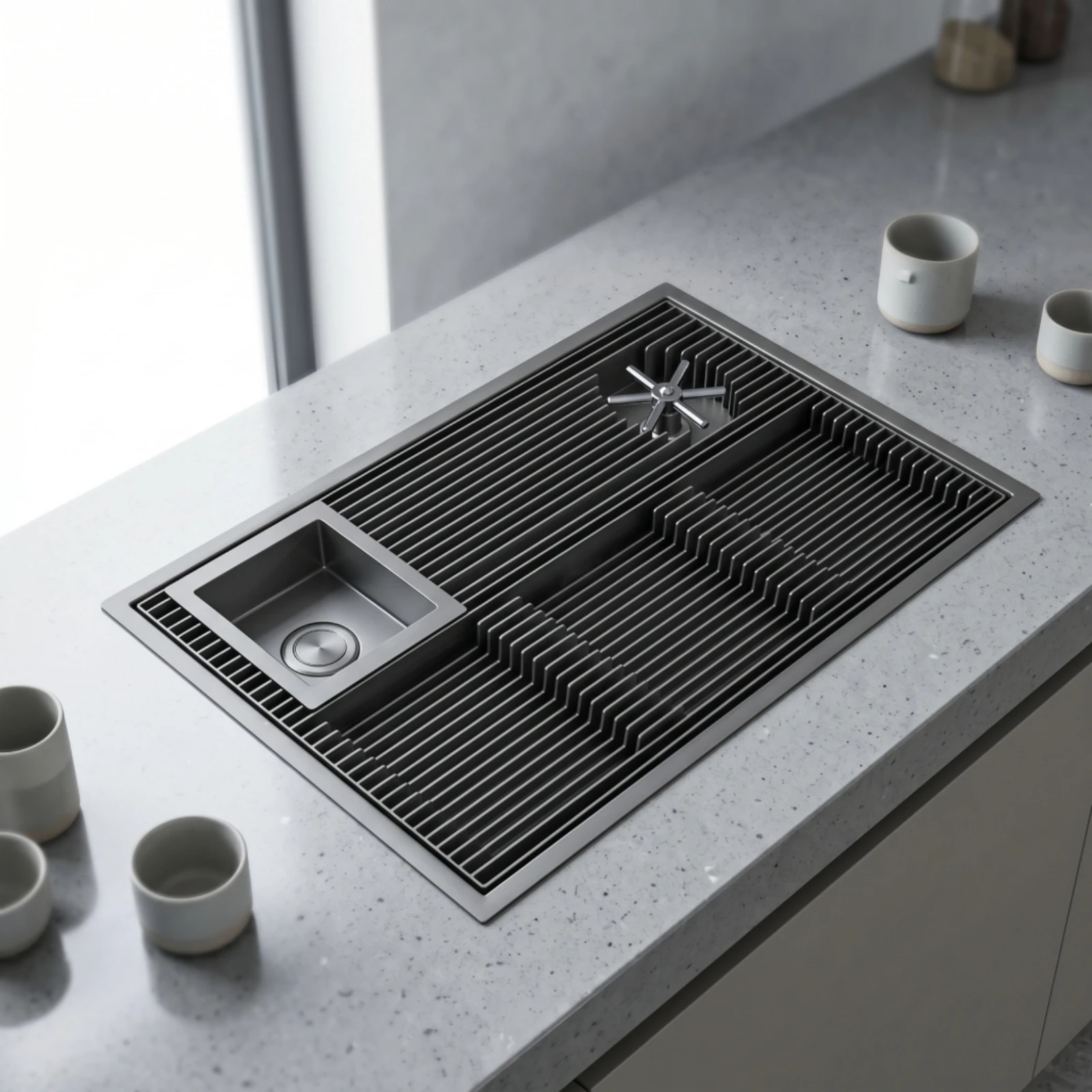 Bild 4: Kaffee-Arbeitsstation-Panel: Integrierte Kaffee-Arbeitsstation mit Tassenspüler, Spülablage und langlebiger Schnellspülung
