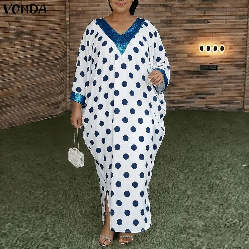 

VONDA Plus Size Dresses Women Summer Spring Long Sleeve V Neck Patchwork Dot Long Maxi Dress Streetwear Party OL Work Vestidos
