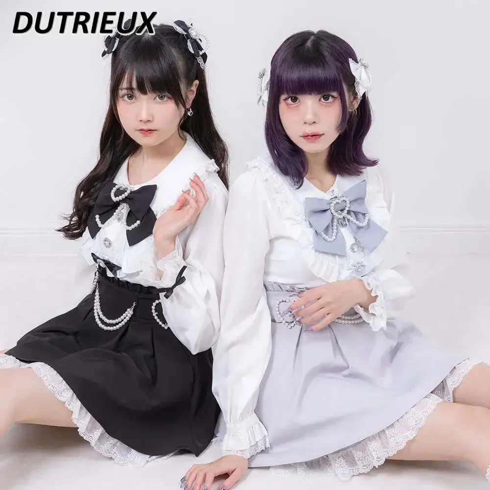 Japanese Style Sweet Blouse Kawaii Girls 2024 Summer New Bow Doll Collar Ruffled Underwear Shirt Preppy Style Camisas De Mujer