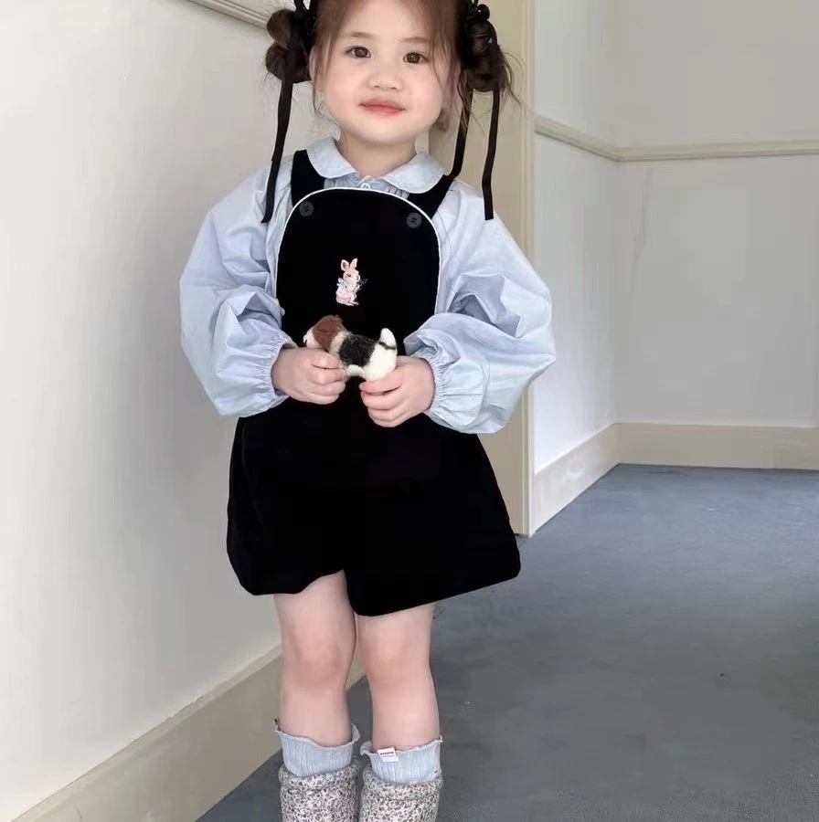 

2024 комплект одежды для маленьких девочек на весну и осень, синие топы, рубашки, блузки + комбинезоны с вышивкой, шорты, брюки, детская одежда из 2 предметов