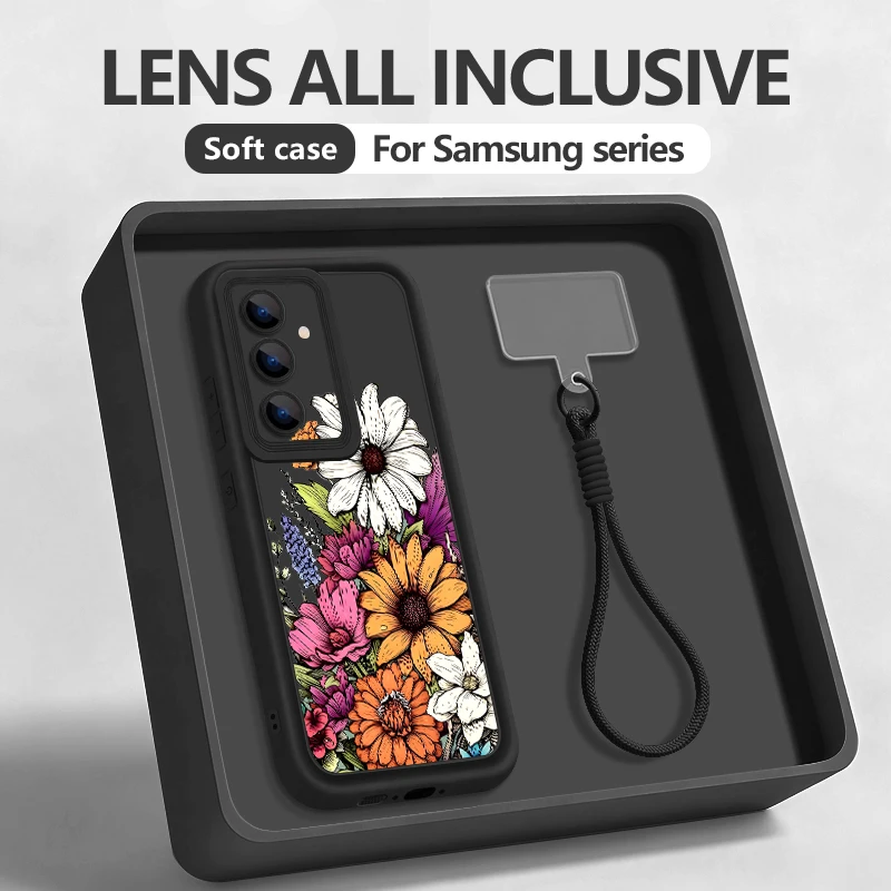 Colorful Flower Pattern Phone Case For Samsung Galaxy S26 S25 S24 Ultra S23 S25 FE A57 A27 A17 a56 A16 A55 A54 A15 Lanyard Cover
