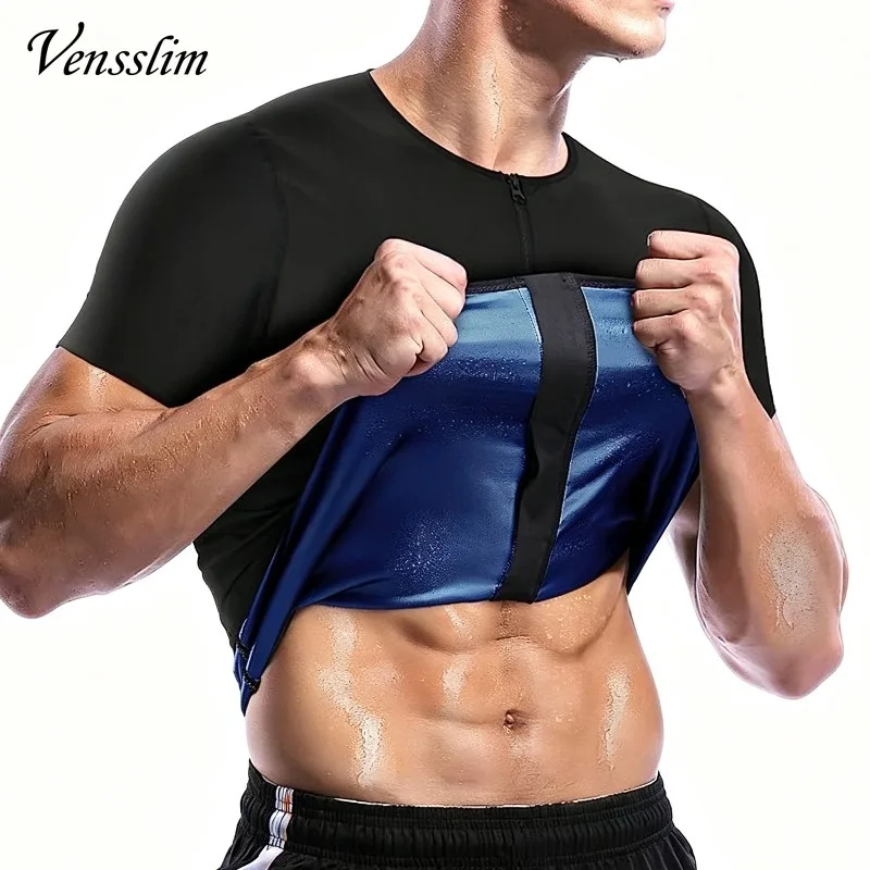 Vensslim Zipper Weight Loss Body Shaper Sauna Suits Men Belly Trimmer Sweat Gym Tops Waist Trainer Short Sleeve Fat Burner Vest