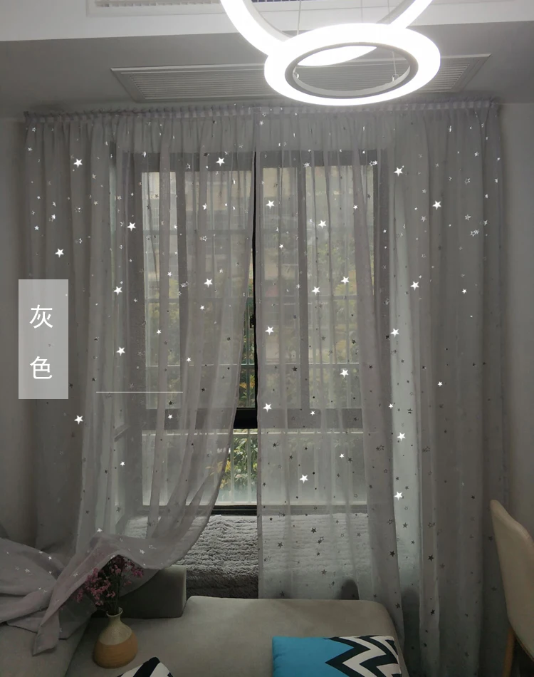 Magic Paste Self-Adhesive Bling Bling Tulle Curtains Punch-Free Semi Sheer Door Window Drapes for Living Bedroom Star Gauze