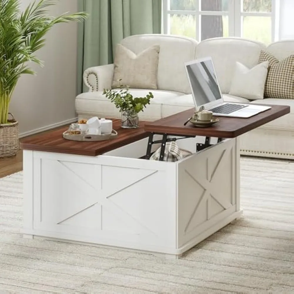 

Farmhouse Coffee Table with Hydraulic Lifter, Square Coffee Table with Large Hidden Storage Compartment for Living Room
