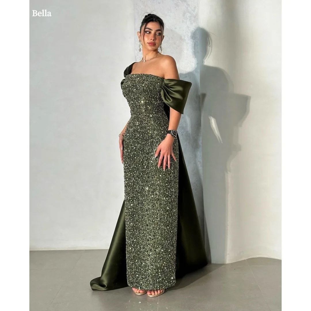 

Bella Customized Green Glitter Off The Shoulder robes de soirée Backless Party Dresses Trailing Floor-Length Prom Dress 2025