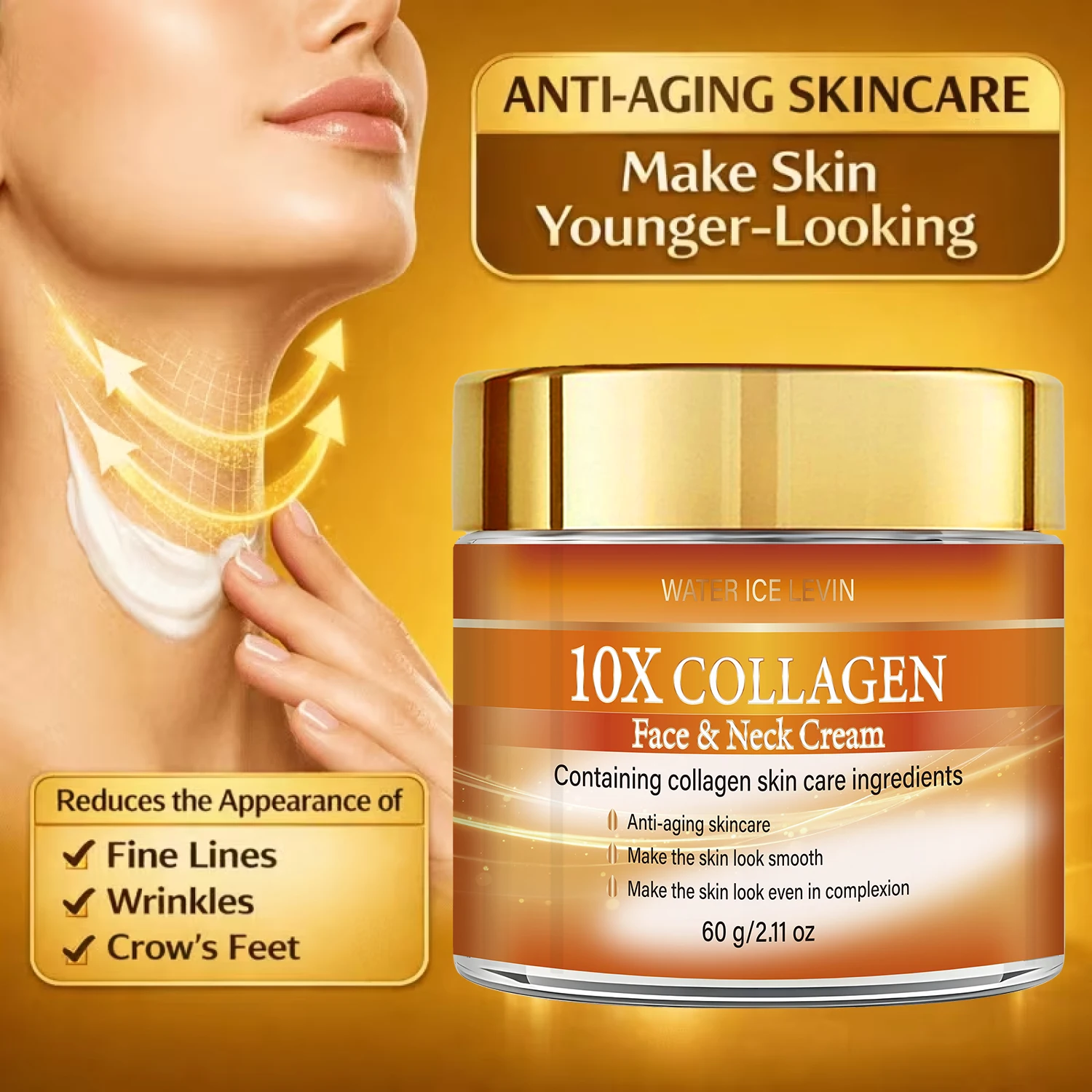 WATER ICE LEVIN Crema Facial y de Cuello con Retinol Colágeno Antiedad Hidratante Reafirmante Iluminadora para Piel Lisa y Uniforme 60g