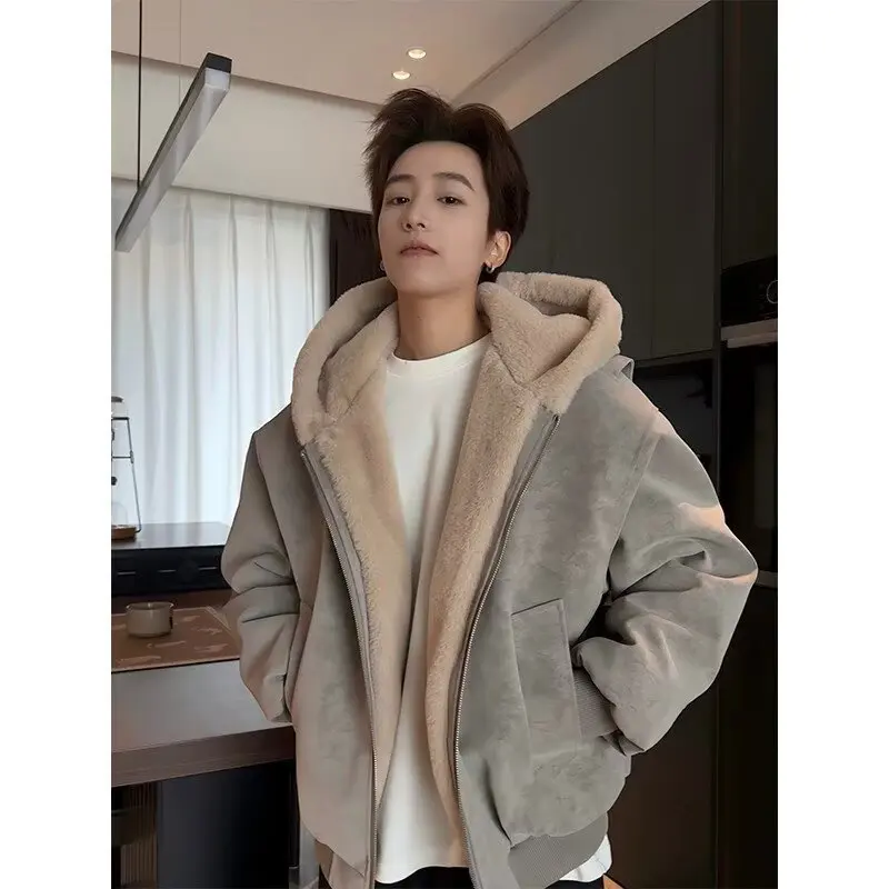 Winter New Fashion Men Black Grey Brown Solid Color Long Sleeve Hooded Thicken Parkas Male Casual Simple Basic Daily Coats Tops