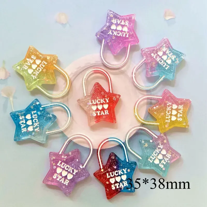 6Pcs/lot Cute Rainbow Colorful Lucky Star Lover Heart Key Lock 3D Glitter Resin Charms Flatback Cabochon for DIY Craft Making