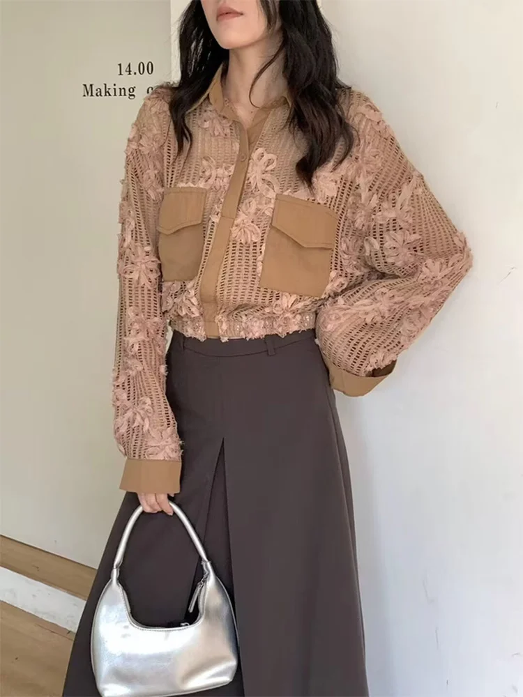 

Lace Splicing Hollow out Long Sleeve Women's Shirt Loose Design Korean Style Early Autumn New Fashion Commute Style Pure Color