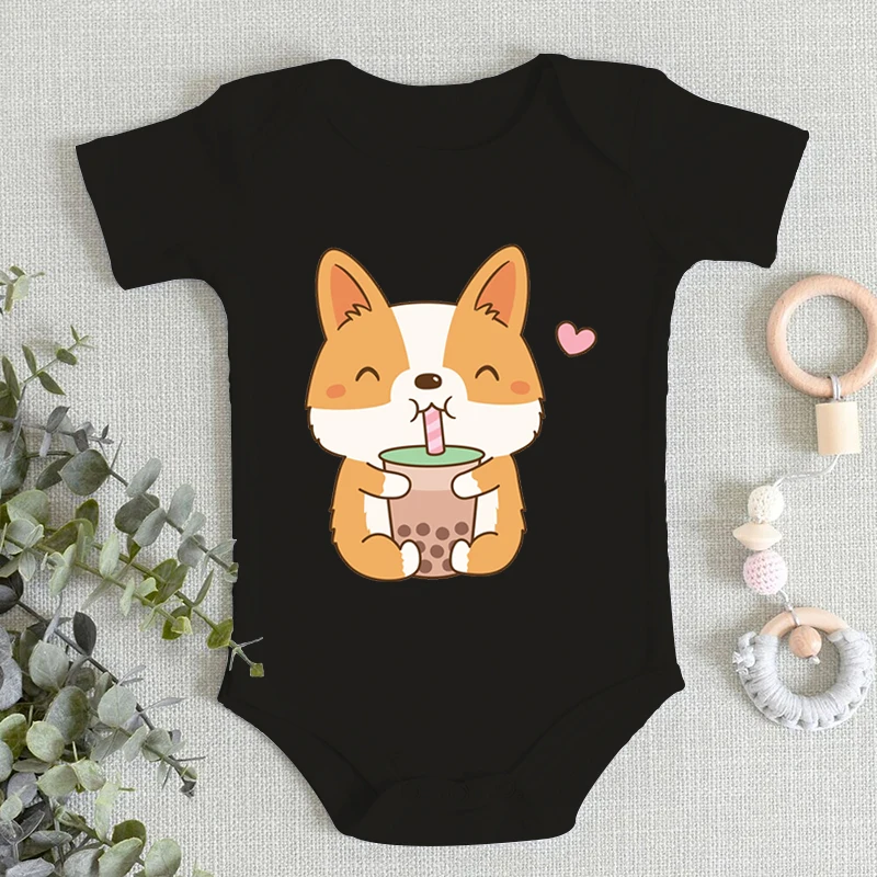 Adorable Corgi Bobo Tea Print Bodysuits Soft And Comfy Short Sleeve Jumpsuits Baby Boys And Girls Perfect Gift Idea For Newborns