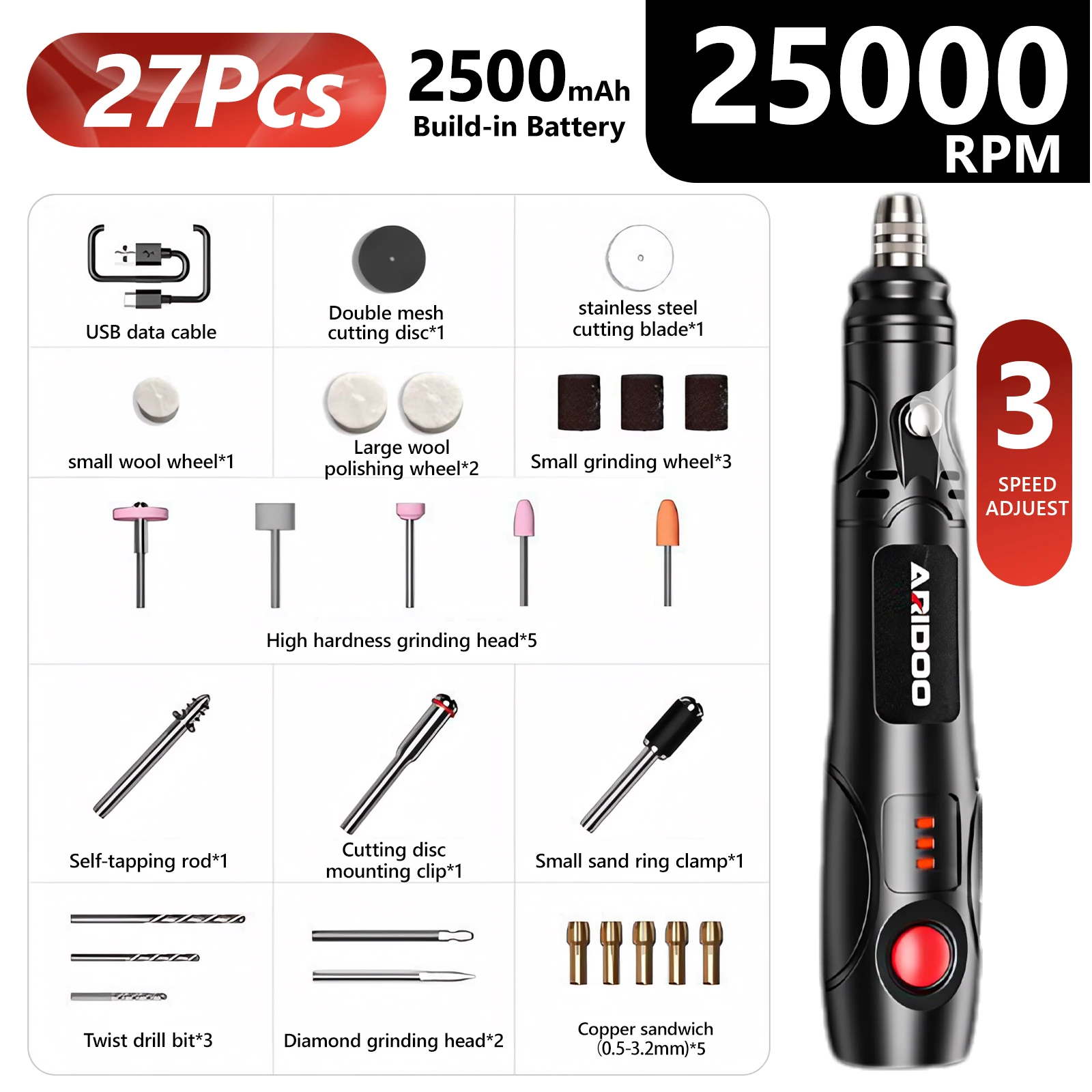 

[Cordless Rotary Tool] 3 Speed Adjuest Electric Polishing Pen Kit, 2500mAh Build In Battery & USB Charging