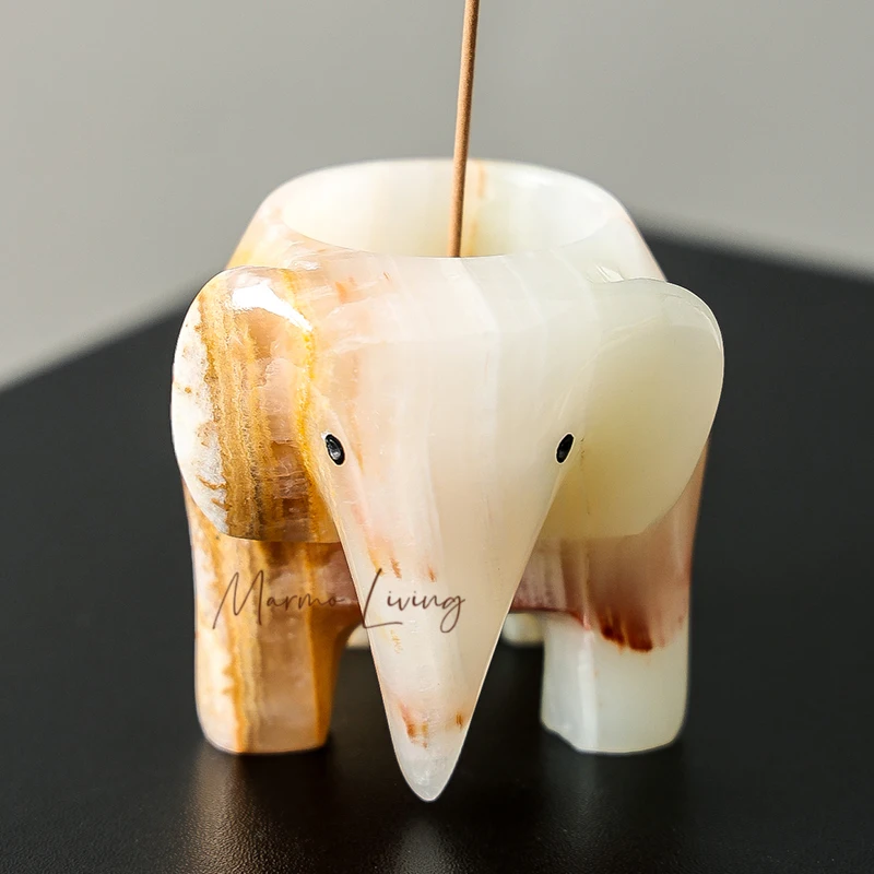 

White Onyx Natural Marble Elephant Shape Incense Burner Vintage Ash Catcher Good Luck Elephant Incense Holder for Sticks