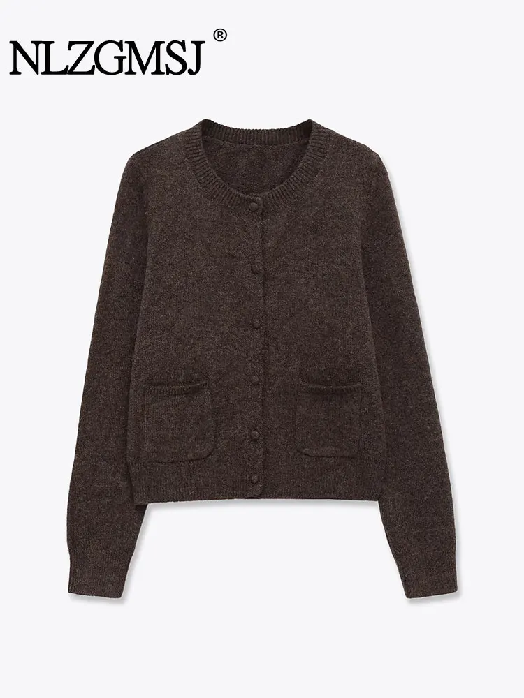 

NLZGMSJ Vintage Casual Chic Solid Women Sweater O-Neck Single Breasted Long Sleeve Pockets Knitted Fashion 2025 Autumn Sweaters