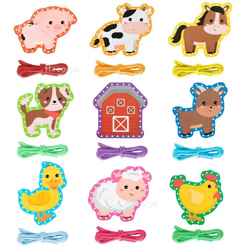 9Pcs Farm Animal Lacing Sewing Card for Kid Educational Tracing Game Toy Developing Imagination Threading Pegboard Party Favors