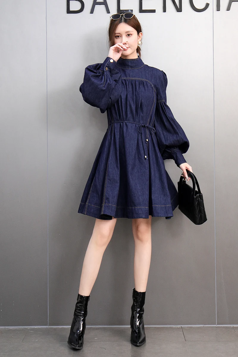 2024 Autumn New Fashion Elegant Stand Up Collar Bow Loose A-Line Dress Women Lantern Sleeve Dress Female Wholesale J630