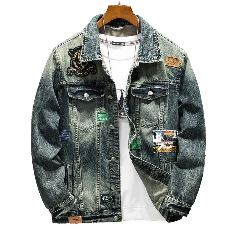 Paste Cloth Embroidery Motorcycle Denim Jacket Men's High Street Retro Loose and Handsome Fashion Motorcycle Men's Clothing