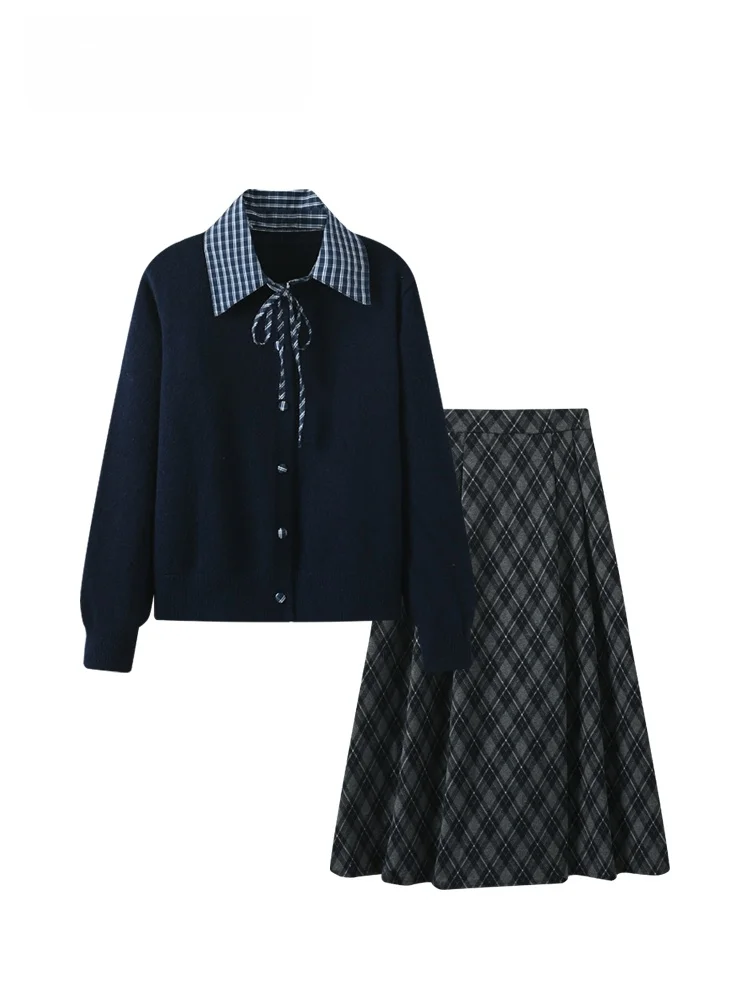 

Комплект CaraCLUB: вязаный свитер больших размеров в университетском стиле и юбка в клетку, женский комплект с длинными рукавами, модная осенняя одежда больших размеров