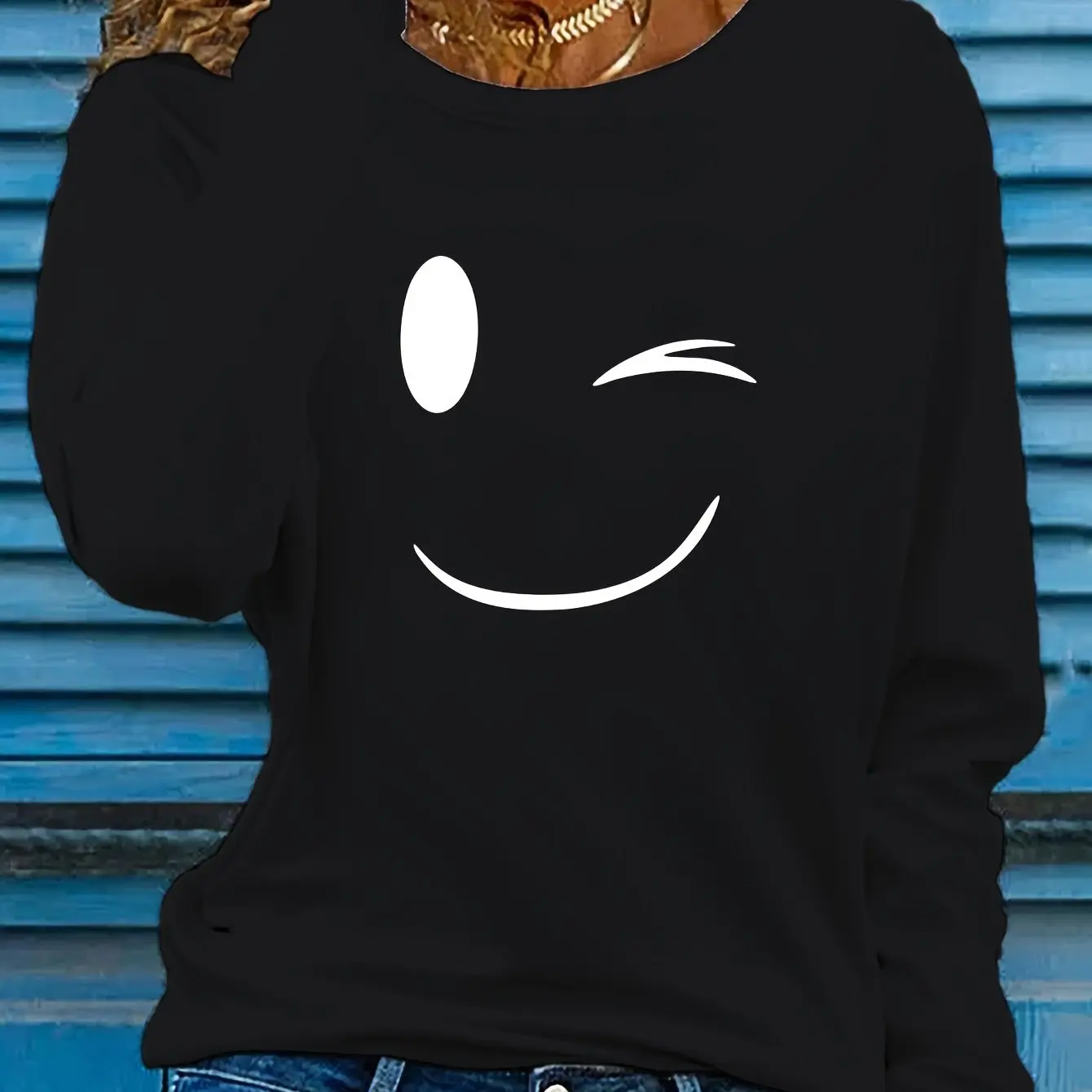 

Women's Smile Printed T-shirt Long Sleeve Round Neck Casual Top Spring and Autumn