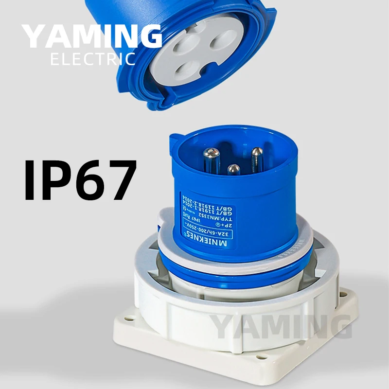 ปลั๊กอุตสาหกรรมแบบกันน้ำ IP67 ชนิดย้อนกลับ สำหรับงานอากาศยาน แบบสามเฟส 16/32A ขั้วต่อ 3 ขา 4 ขา 5 ขา แบบฝัง