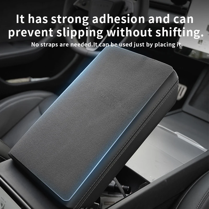For Tesla Updated Model 3/Y – Wine Red Suede Armrest Box Pad, Anti-Slip Center Cover with Carbon Flash Finish