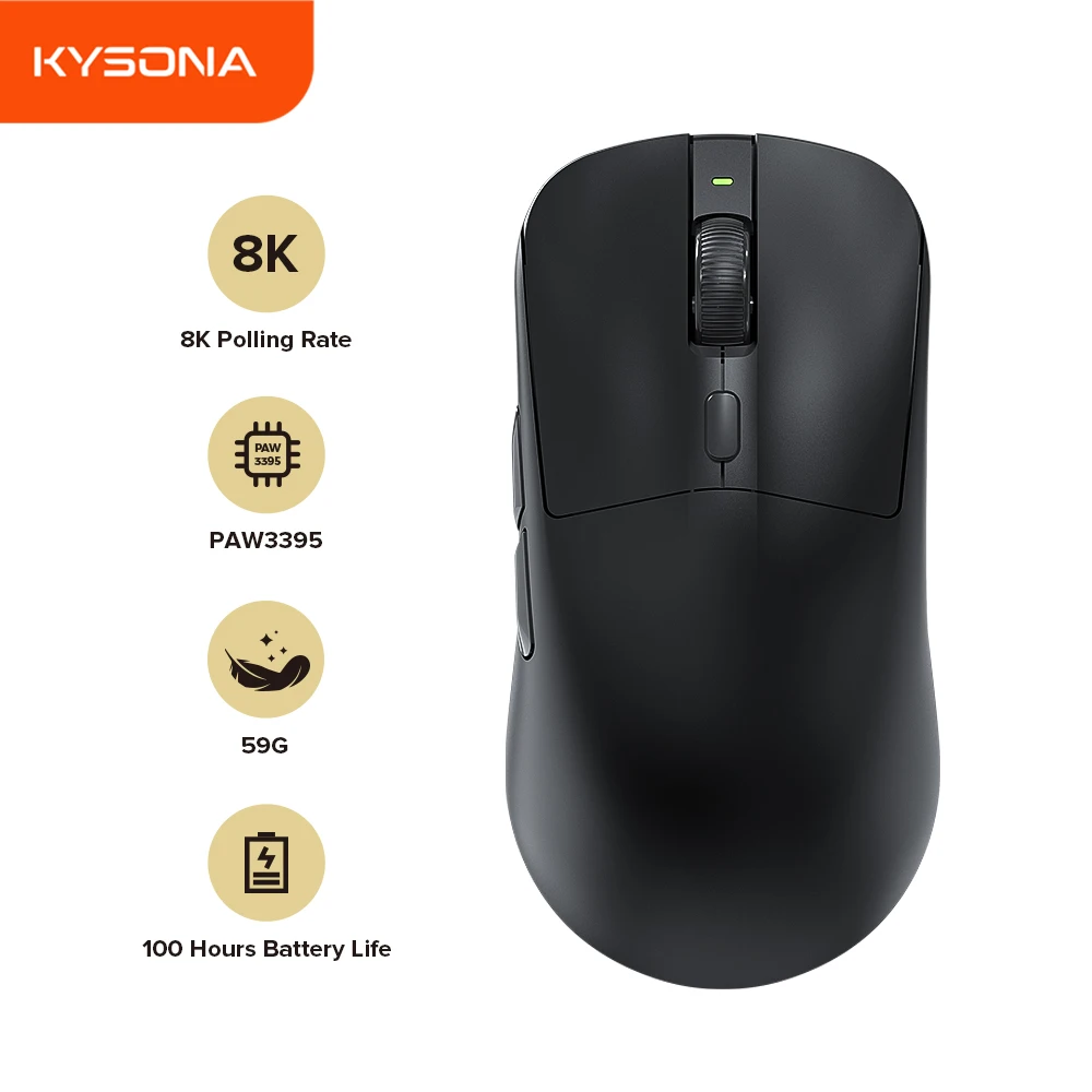 kysona m617 preto paw3395 mouse para jogos sem fio 8k taxa de pesquisa 26000dpi mouse ergonomico leve para pc gamer laptop 01