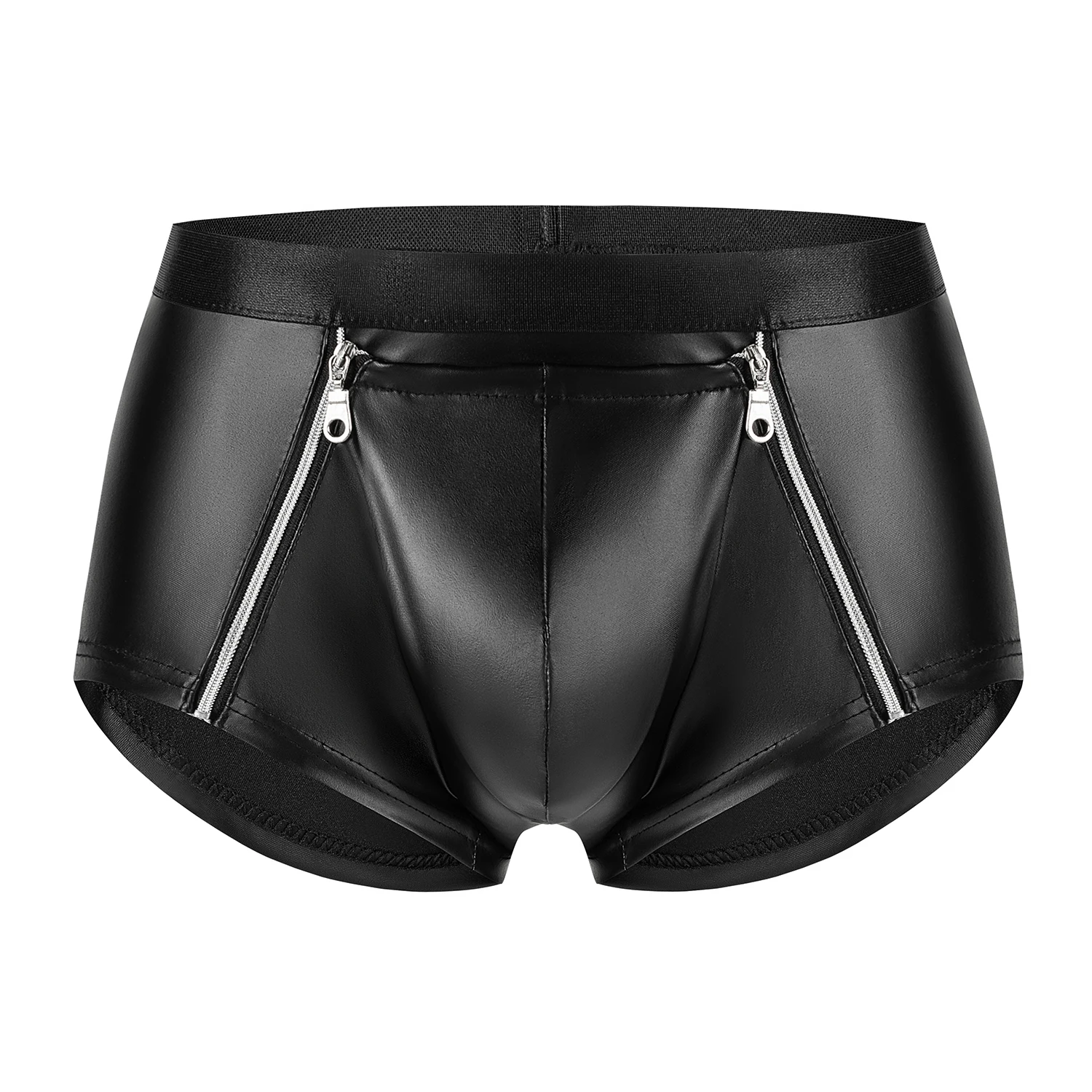 Men\'s Soft Matte Leather Boxer Sexy Double Zipper Open Crotch Underpants Male Stage U Convex Pouch Short Pants Crotchless Sexi