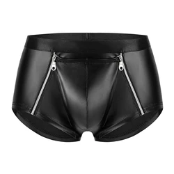 Men's Soft Matte Leather Boxer Sexy Double Zipper Open Crotch Underpants Male Stage U Convex Pouch Short Pants Crotchless Sexi