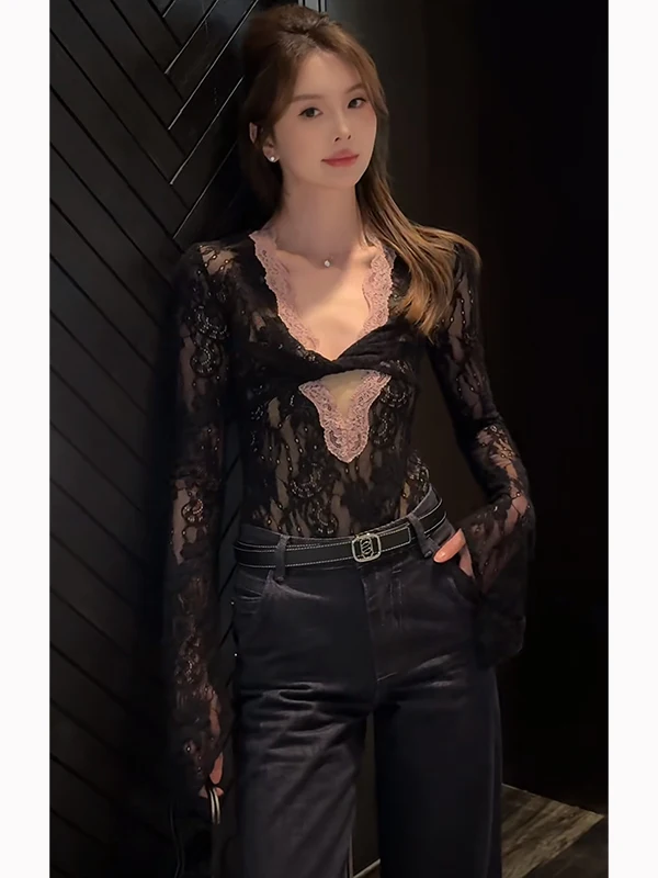 

Sexy Lace Onesie Women's Long Sve V-Ne Micro-Porous Slimming Design Commute Base irt High Waist ort Pants Other Fabric