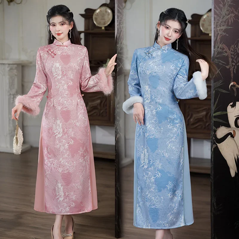 

Толстая осенне-зимняя одежда Aodai, улучшенное Cheongsam, молодой стиль, женское платье в стиле ретро с длинными рукавами Qipao