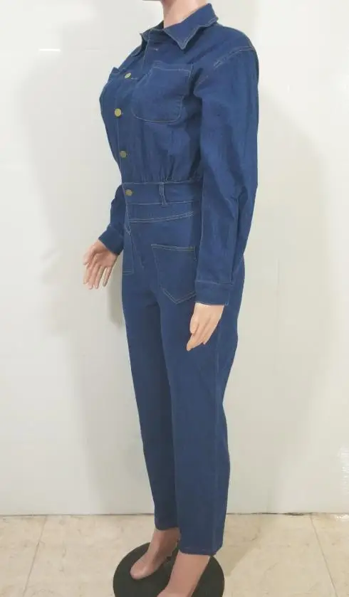 بذلة حريمي 2026 جديد ربيع الخريف بلون بدوره إلى أسفل طوق جيب تصميم كم طويل عالية الخصر بذلة الدنيم عادية #2