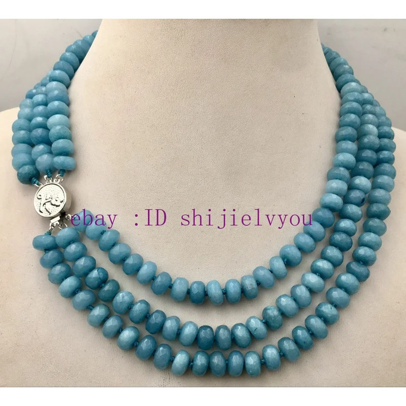 5x8mm NATURAL Aquamarine FACETED BEADS NECKLACE 3 Row 18-20& # 039;& # 039;